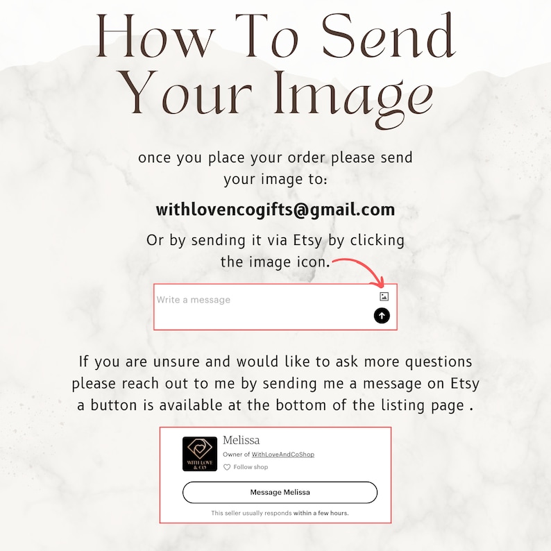 Peut inclure: Instructions sur la fa&ccedil;on d'envoyer une image &agrave; un vendeur sur Etsy. Le texte dit "How To Send Your Image" et inclut l'adresse e-mail withlovencogifts@gmail.com. Le texte dit &eacute;galement "Or by sending it via Etsy by clicking the image icon." Il y a une zone de texte avec les mots "Write a message" et une ic&ocirc;ne d'image.