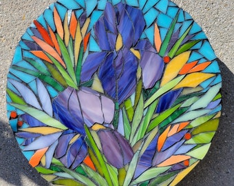 Decorative Iris & Mixed Flowers Mosaic Garden Stone 12" round