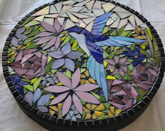 Decorative Floral Mosaic Garden Stone 12" round- bird and flowers