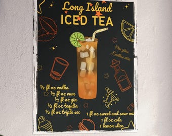 Long Island Iced Tea Recipe Poster Retro Cocktail Bar Wall Art Drink Guide Kitchen Decor Mixology Print Gift for Home Bar Lovers