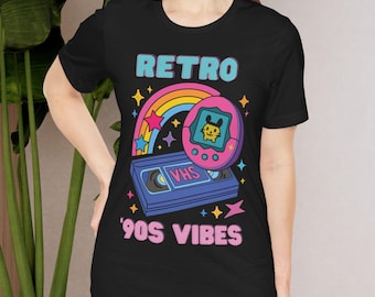 Retro 90s Vibes T Shirt Cute Vaporwave Aesthetic Tee Y2K Tamagotchi VHS Graphic Shirt Colorful Nostalgic Gift for Gen Z or Millennials