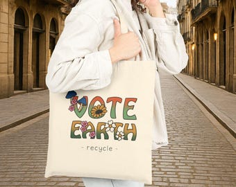 Vote Earth Tote Bag Recycle Eco-Friendly Canvas Bag with Boho Floral Design Earth Day Gift Sustainable Market Tote