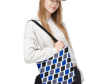 Geometric Tote Bag with Blue and Black Diamond Pattern  Modern Reusable Shopper Aesthetic Bold Print Eco Bag for Everyday Use