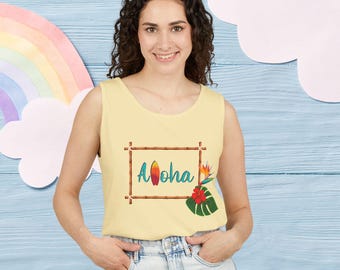 Aloha Hawaiian Tank Top Tropical Summer Shirt Surf Beach Vibes Cute Vacation Sleeveless Tee Island Outfit Gift for Her