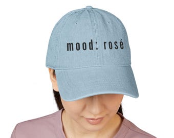 Mood: Rosé Embroidered Denim Hat for Summer Fun, Trendy Hat Gift, Casual Outdoor Accessory, Wine Lover's Cap, Fashionable Headwear