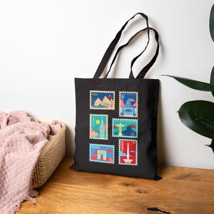 Borsa tote con francobollo da viaggio nel mondo, stampa di monumenti, borsa per la spesa ecologica, regalo, accessorio in stile cartolina vintage, estetica Wanderlust