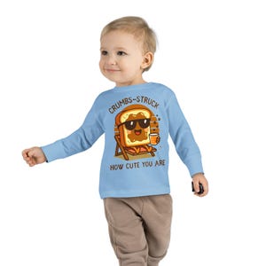 Funny Toddler Long Sleeve Shirt Crumbs-Struck Toast Cartoon Cute Toddler Tee Gift for Kids Food Pun Shirt for Boys and Girls