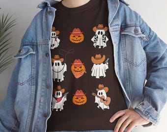 Cowboy Ghosts Unisex Tee Halloween Shirt Funny Graphic Tee Fall Fashion Spooky Season Outfit Pumpkin Cowgirl Funny Shirt for Adults Tshirt