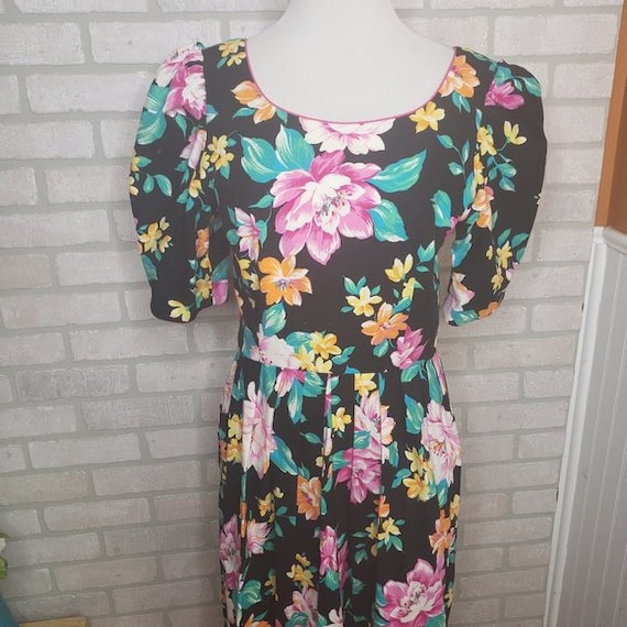 Vintage Lanz Floral Puff Sleeve Pleated Dress