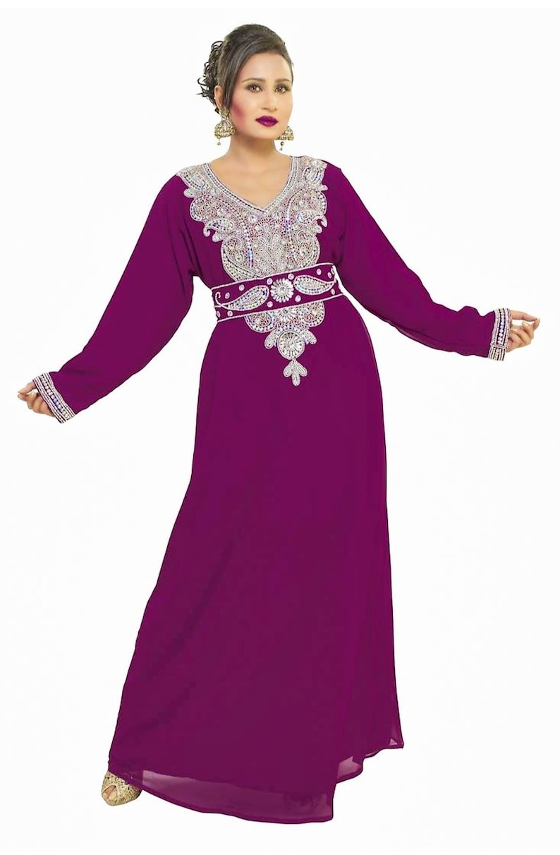 Party wear Dubai Kaftan Wine Color floor length abaya Georgette long gownmaxi kaftan Islamic morocco kaftan for women