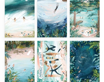 Wild Swimming Postcard Set | Set of Six A6 Swim Adventure Art Prints | Fun Unique Postcards | Dreamy Birthday Gift | Mini Swimming Prints