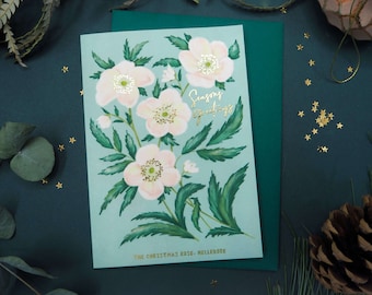 Christmas Rose Card | Seasons Greetings Card | Festive Floral Cards | Gold Foiled Card | Gardeners Christmas Gifts | Winter Card for Florist
