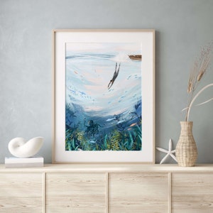 Dreamy Nautical Free Diving Art Print | Ocean Swimming Adventure Wall Art | Magical Sealife Wall Decor | Coastal Snorkeling Home Decor