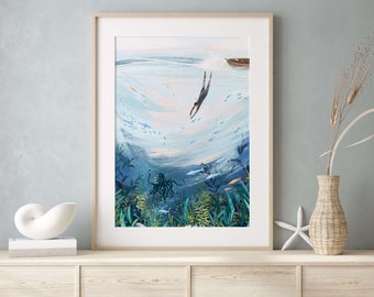 Dreamy Nautical Free Diving Art Print | Ocean Swimming Adventure Wall Art | Magical Sealife Wall Decor | Coastal Snorkeling Home Decor