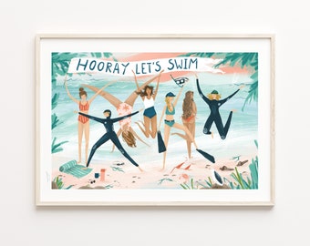 Eigenzinnige zwemclub kunstafdruk | Sea Swimmer Friends muurkunst | Fun Swim Buddy-muurdecoratie | Wilde zwemcadeaus | Humoristische kunst voor vrienden