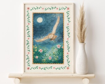 Owl Art Print | Magical Flying Owl Wall Art | Spirit Guide Wall Decor | Nursary Art | Woodland Creatures | Folktale Art | Folk Art Print