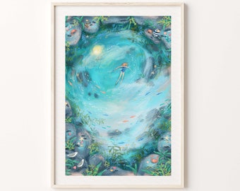 Rockpool Wild Swimmer Art Print | Swimming Wall Art | Wild Swim Wall Decor | Ocean Swimming Art | Wild Swimming Art | Ocean Adventure Art