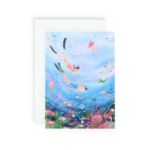Snorkelend paar kaart | Avontuurlijke Zwemmers Wenskaart | Cadeaus voor koppels | Kunst zwemmen in de oceaan | Snorkle-verjaardagskaart |  Blanco A6-kaart