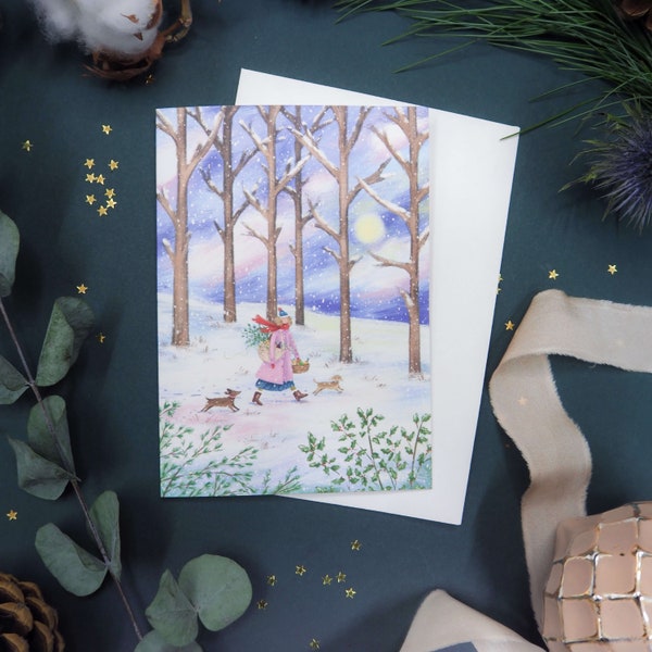 Winter Walk Christmas Card | Festive Dogs Greeting Card | Wintery Scene Festive Cards | Snowy Woodland Xmas | Christmas Gifts For Her