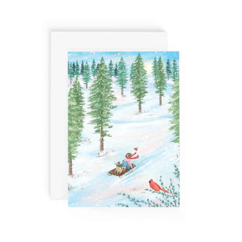 Sleigh Ride Christmas Card Wintery Scene Festive Greeting Card Christmas Dog Card Snowy Pine Tree Cards Festive gifts Fun Xmas image 2