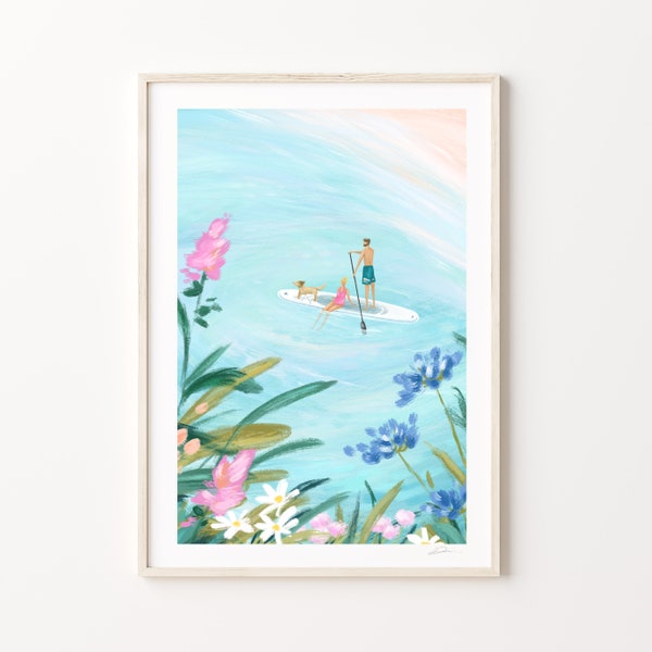 Paddle Boarding Adventure Art Print | Dreamy SUP Couple Wall Art | Fun Paddleboard Wall Decor | Coastal Gifts For Paddleboarders | SUP gift