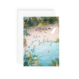 Cartão de aniversário de natação selvagem | Relaxe no seu cartão de aniversário | Cartão de natação ilustrado e sonhador | Presentes para ela | Cartão em branco A6