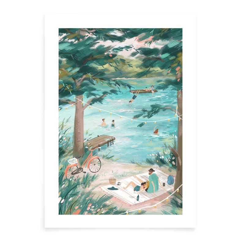Summer Adventure Art Print Lakeside Picnic Wall Art Swimming Adventures Home Decor Cycling Couple Wall Decor Unique Home Gifts Border