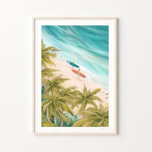 Tropische surferkunstafdruk | Reizen surfen paar muurkunst | Dromerige surf woondecoratie | Strandachtige kustmuurdecoratie | Verjaardagscadeau voor surfers