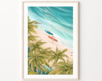 Tropical Surfer Art Print | Travel Surfing Couple Wall Art | Dreamy Surf Home Decor | Beachy Coastal Wall Decor | Birthday Gift For Surfers