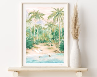 Stampa artistica di Avventura di nuoto da sogno / Arte da parete di viaggio Wanderlust / Decorazione da parete con palma tropicale / Decorazione per la casa delle vacanze / Regali unici per lei