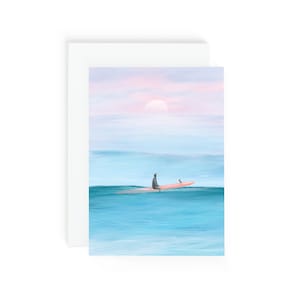 carte de surfeur et mouette | Carte de voeux rêveuse de surf de coucher du soleil | Cartes de voeux de surf cool | Cadeaux d'aventure océanique | carte de sympathie | Anniversaire