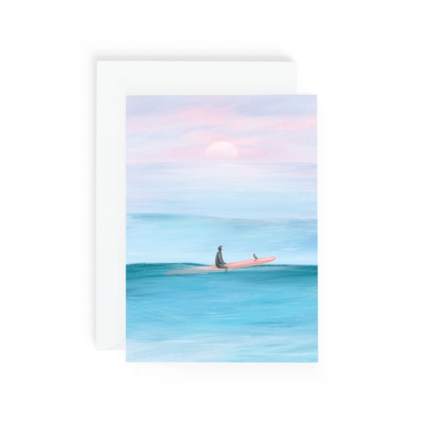 Sunset Surfer Illustrated Card | Dreamy Surf Seascape Greeting Card | Cool Surfing Greetings Cards | Ocean Adventure Gifts | Sympathy Card