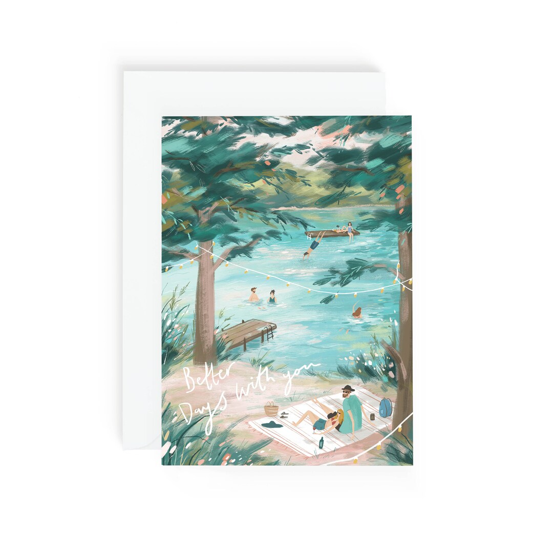 Fun Adventure Couple Card Lakeside Picnic Illustrated Greeting Card ...