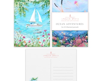 Ocean Adventures Postcard Set | Set of Six A6 Ocean Adventure Art Prints | Fun Postcards | Dreamy Birthday Gift | Mini Swimming Prints