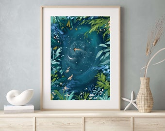 Dreamy Wild Swimming Art Print | Magical Night Swim Wall Art | Escapism Wall Decor | Ocean Swimming Art | Dreamscapes | Gifts For Her