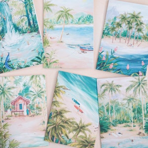 Tropische reiskaartbundel | Zes zomeravonturenkaarten | Geïllustreerd op alle gelegenheidskaarten | Oceaancadeaus | Veilig reizen | Blanco A6-kaarten