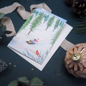 Sleigh Ride Christmas Card Wintery Scene Festive Greeting Card Christmas Dog Card Snowy Pine Tree Cards Festive gifts Fun Xmas image 3