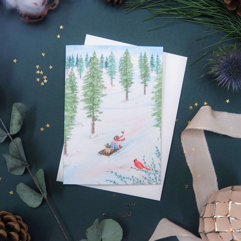 Sleigh Ride Christmas Card Wintery Scene Festive Greeting Card Christmas Dog Card Snowy Pine Tree Cards Festive gifts Fun Xmas image 1