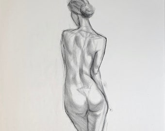 Figure Drawing - Female Standing Back View - Charcoal on Newsprint 60x40cm approx