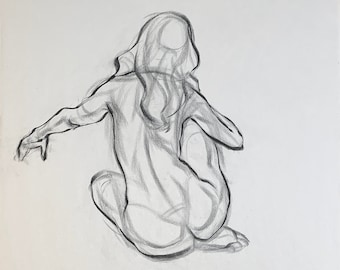 Dessin de silhouette - Femme de dos - Fusain sur papier journal 60 x 40 cm environ