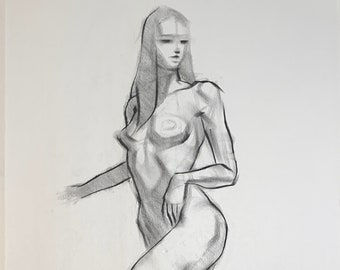 Figure Drawing - Female 3/4 Front View Kneeling - Charcoal on Newsprint 60x40cm approx