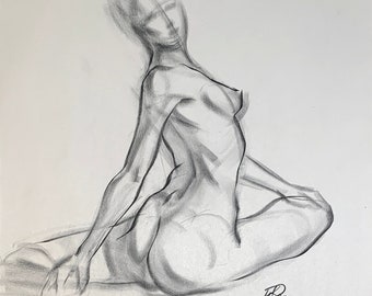 Dessin de silhouette - Femme 3/4 - Vue de dos - Fusain sur papier journal 60 x 40 cm environ