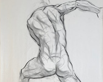 Figure Drawing - Male Dynamic Back View - Charcoal on Newsprint 60x40cm approx