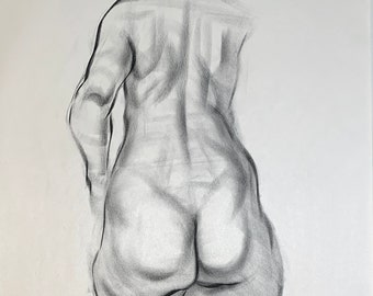 Figure Drawing - Female Standing Back View - Charcoal on Newsprint 60x40cm approx