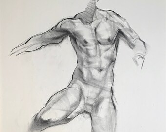 Dessin de figurines - Homme dynamique, vue de face - Fusain sur papier journal 60 x 40 cm environ