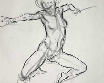 Figure Drawing - Female Dynamic Front View - Charcoal on Newsprint 60x40cm approx