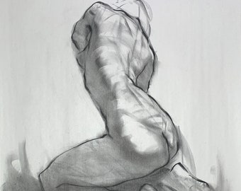 Dessin de silhouette - Femme 3/4 de dos agenouillée - Fusain sur papier journal 60 x 40 cm environ