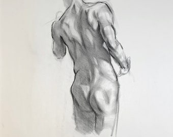 Dessin de figurines - Homme dynamique, vue de dos - Fusain sur papier journal 60 x 40 cm environ