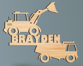 Name Sign, Construction Kids Room Sign, Tractor Trucks Boys Nursery Decor, Personalized Wood Sign, Kids Sign Gift Construction Dumptruck