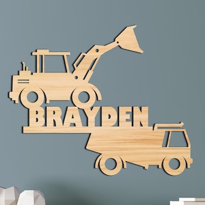 Name Sign, Construction Kids Room Sign, Tractor Trucks Boys Nursery Decor, Personalized Wood Sign, Kids Sign Gift Construction Dumptruck